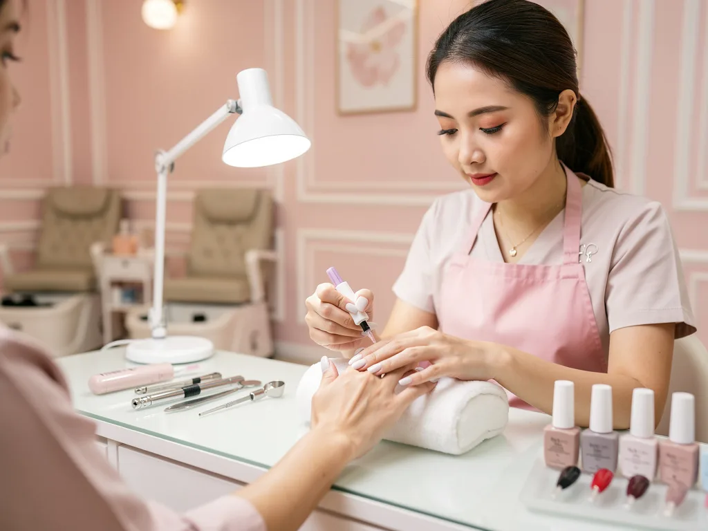 Nageltechnikerin beim Bemalen der Nägel – Präzisionsarbeit und Handwerk im Studio